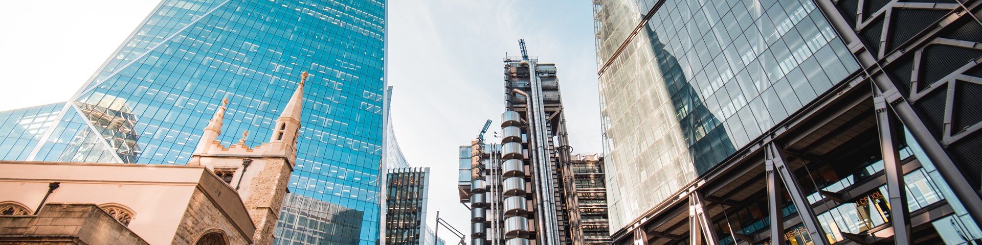 Iconic London City Buildings From left to right - St Andrew Undershaft Church, The Scalpel, Lloyd's of London, Leadenhall Building.